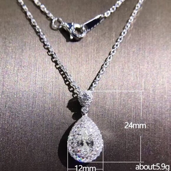 NEW 18k White Gold Diamond Pear Cut Necklace Teardrop Pendant Necklace - Picture 3 of 4